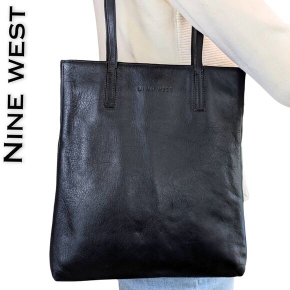 Nine West Black Leather Shoulder Bag For Tablet, Mini Laptop, Book Low Profile - Picture 1 of 9